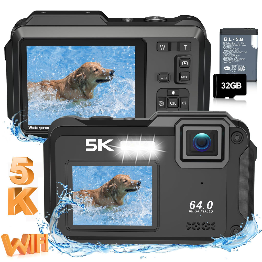 Underwater Camera 5K 64MP 16FT Waterproof Digital Camera with WiFi Connection 16X Digital Zoom IPS Dual-Screen(2.8"/2") Selfie Waterproof Camera for Snorkeling with 32GB Card Black