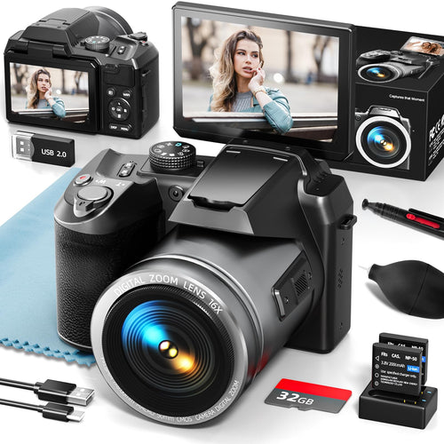 Cámara digital 5K de 64 MP para fotografía Cámaras de videoblogging para YouTube con pantalla abatible de 3", zoom digital 16X, WiFi y enfoque automático, 2 baterías y tarjeta TF de 32 GB (S200 Negro)