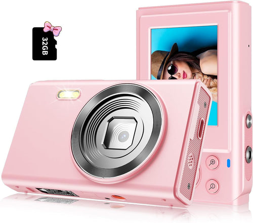 Cámara digital BOFIDAR 1080P FHD, cámara digital para niños con tarjeta de 32 GB, 2 baterías, cámara digital rosa pequeña, cámara digital vintage, cámara de fotos antigua, regalo para niños, niñas y adolescentes