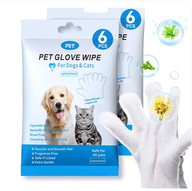 Guantes y toallitas de limpieza para mascotas